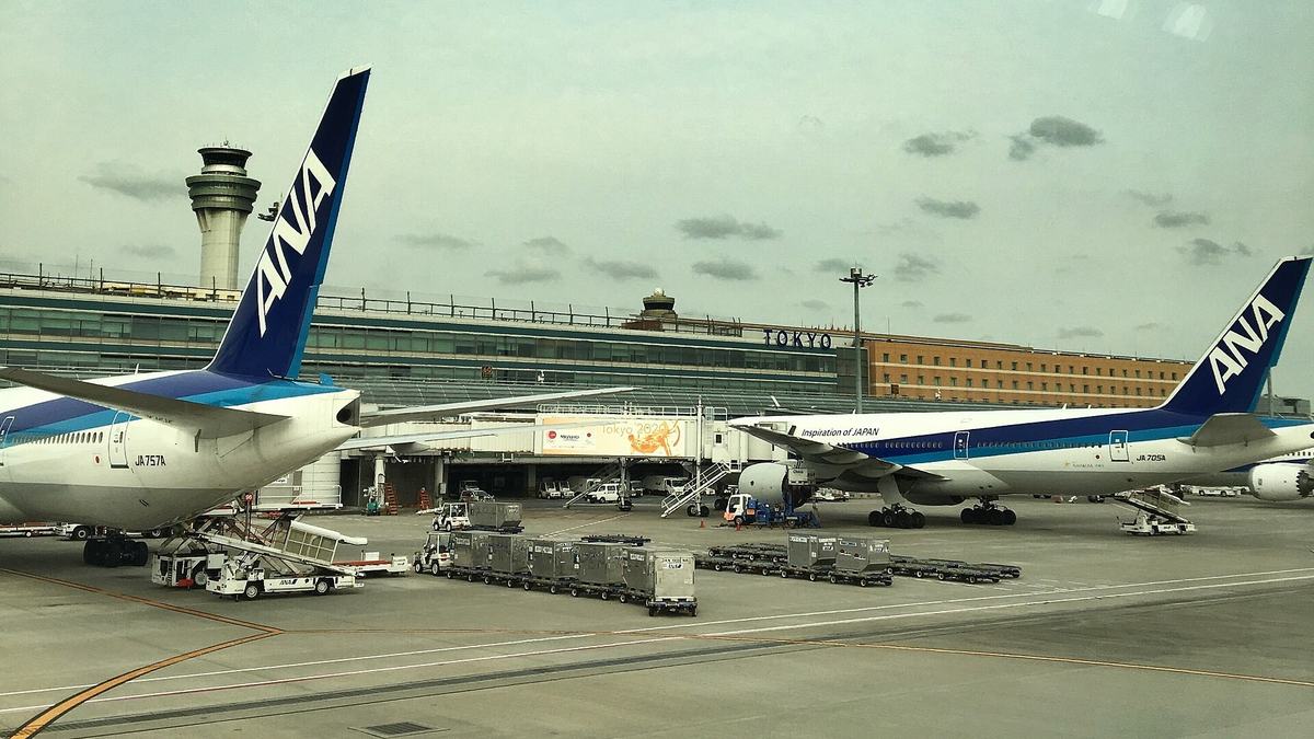 羽田空港に駐機する2機のANA機。奥に管制塔とTOKYOの文字が入ったターミナル