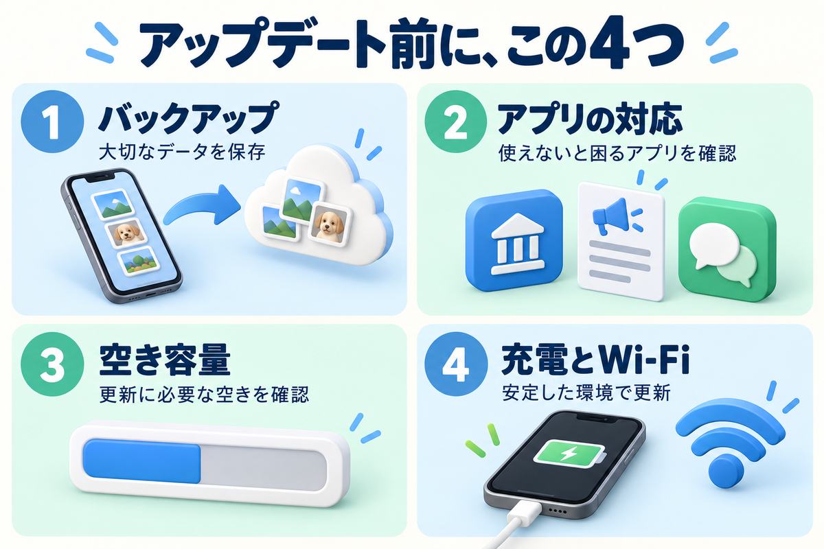 バックアップ、アプリの対応、空き容量、充電とWi-Fiの4項目を示す図。