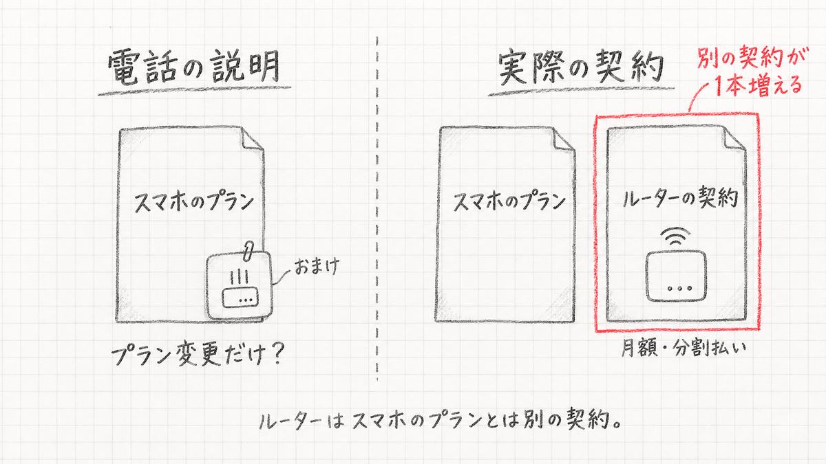 手書きの比較図。左は電話の説明で、スマホのプランの契約書にルーターがおまけとして留めてある。右は実際の形で、スマホのプランとは別にルーターの契約書がもう1枚あり、赤で別の契約が1本増えると書かれている