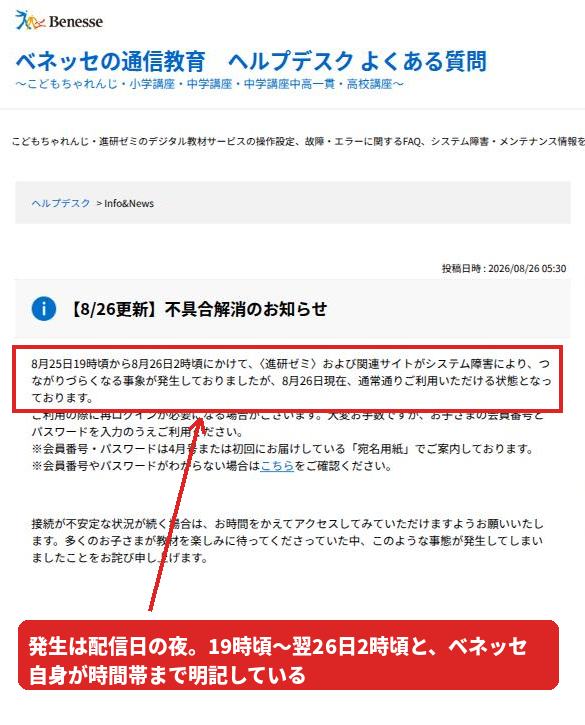 ベネッセ ヘルプデスクの「不具合解消のお知らせ」。8月25日19時頃から26日2時頃にかけてシステム障害でつながりづらくなったと記載されている