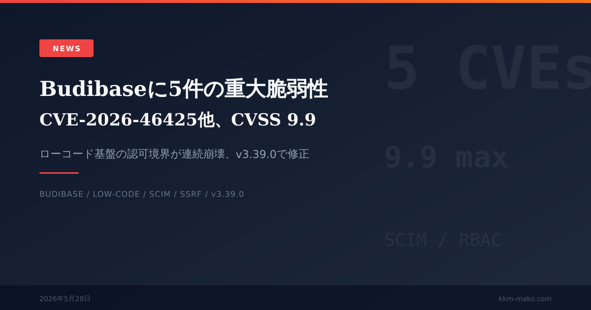 Budibaseに5件の重大脆弱性 CVE-2026-46425他、v3.39.0へ即更新を