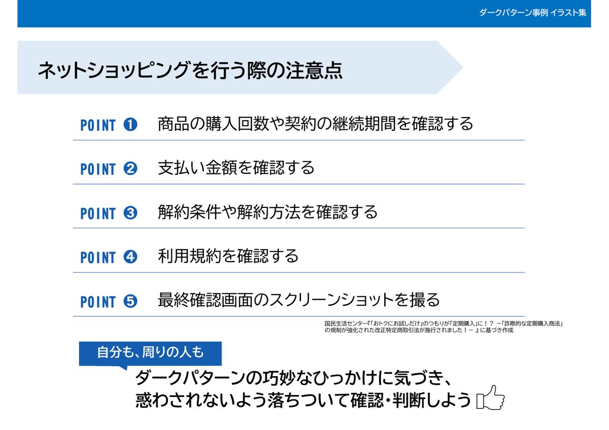 イラスト集の最終ページ。ネットショッピングを行う際の5つの注意点。購入回数と契約期間、支払い金額、解約条件、利用規約、最終確認画面のスクリーンショット