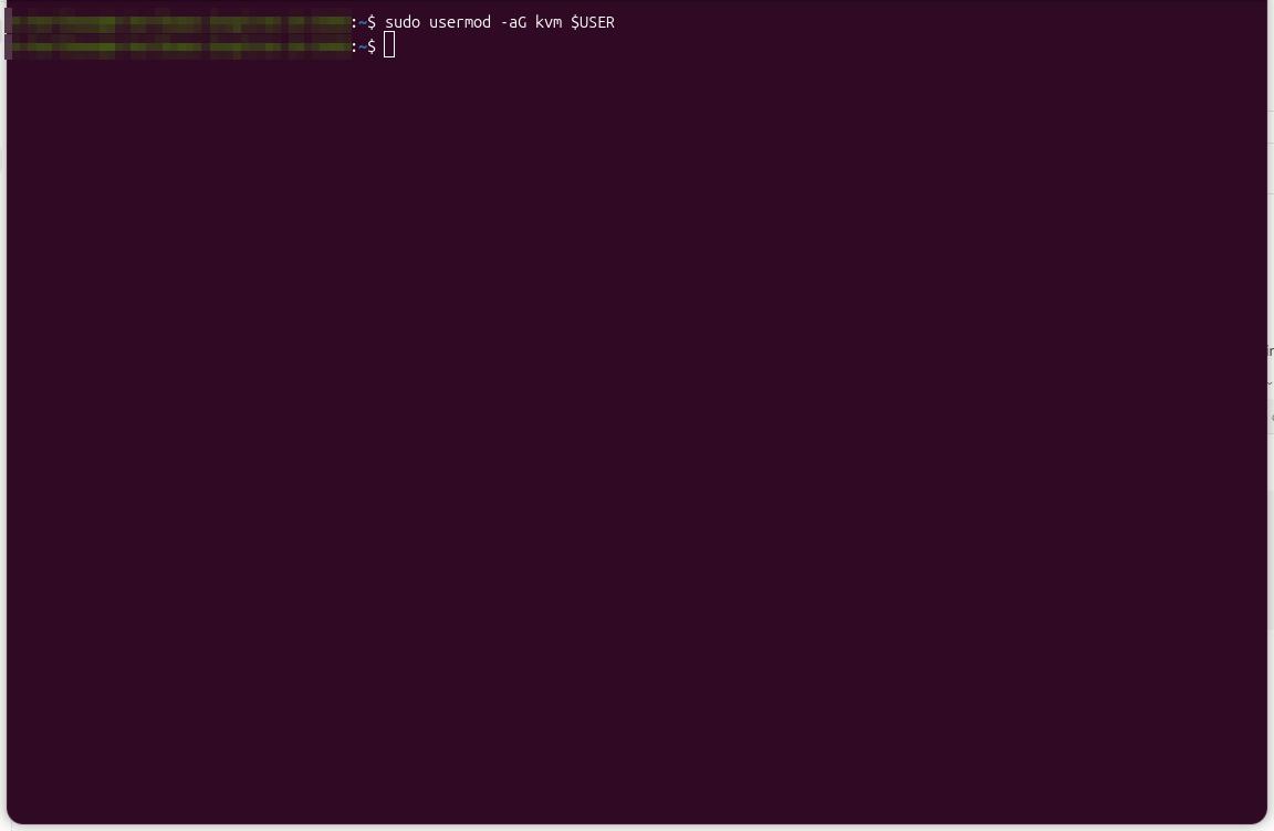 sudo usermod -aG kvm $USER を実行したターミナル画面（ユーザー名は目隠し）