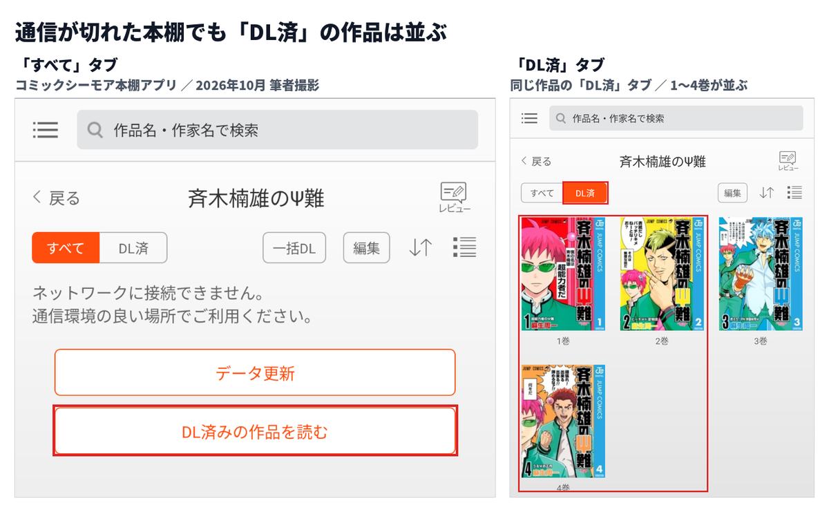 本棚アプリの作品画面。「すべて」タブでは「ネットワークに接続できません。」と出て「DL済みの作品を読む」ボタンがあり、「DL済」タブにはダウンロード済みの1〜4巻が並んでいる