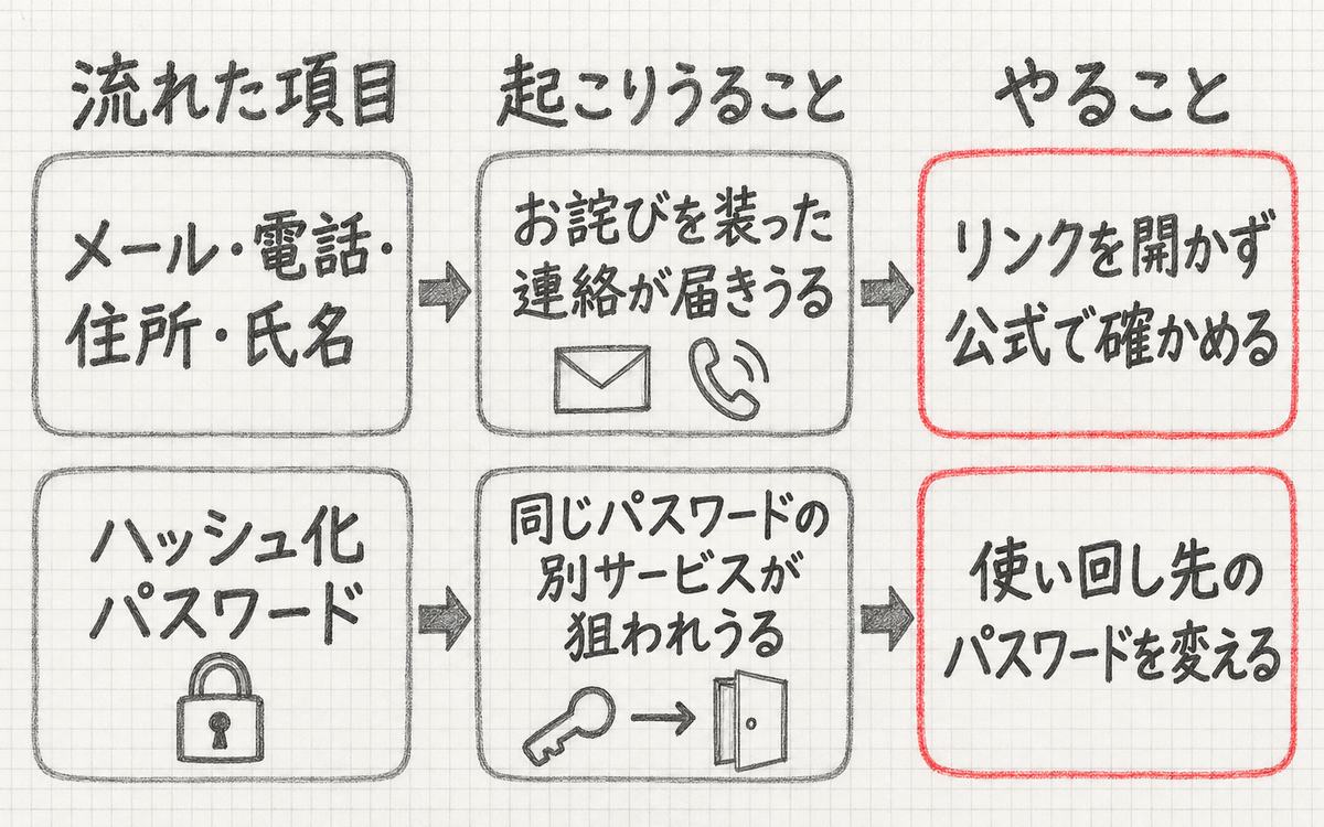 流れた項目ごとの起こりうることと、やること。メール・電話・住所・氏名からはお詫びを装った連絡に注意、ハッシュ化パスワードからは使い回し先のパスワード変更
