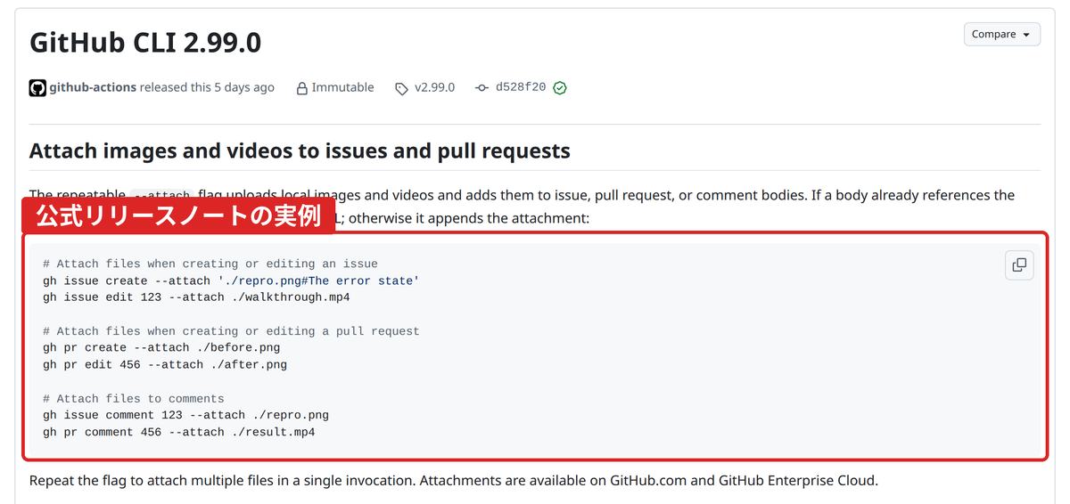 GitHub CLI 2.99.0の公式リリースノート。Issue、Pull Request、コメントへ画像や動画を添付する6つのコマンド例を赤枠で強調