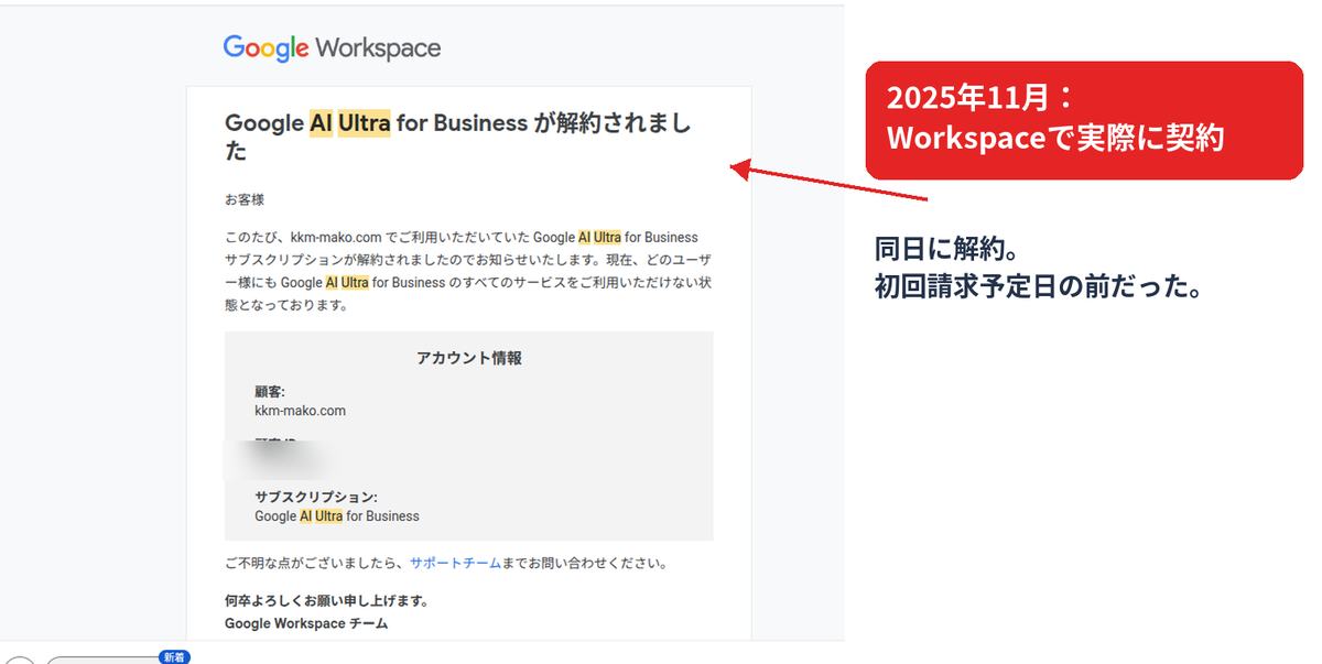 Google Workspaceから届いたGoogle AI Ultra for Business解約メール。Workspaceで実際に契約していたことが分かる
