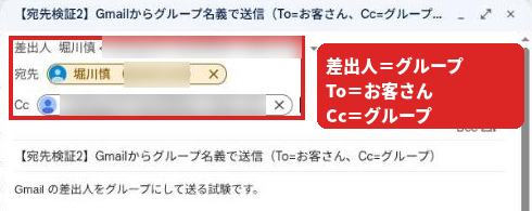 Gmailの作成画面で、差出人がグループ、宛先が相手、Ccがグループになっている部分に赤枠