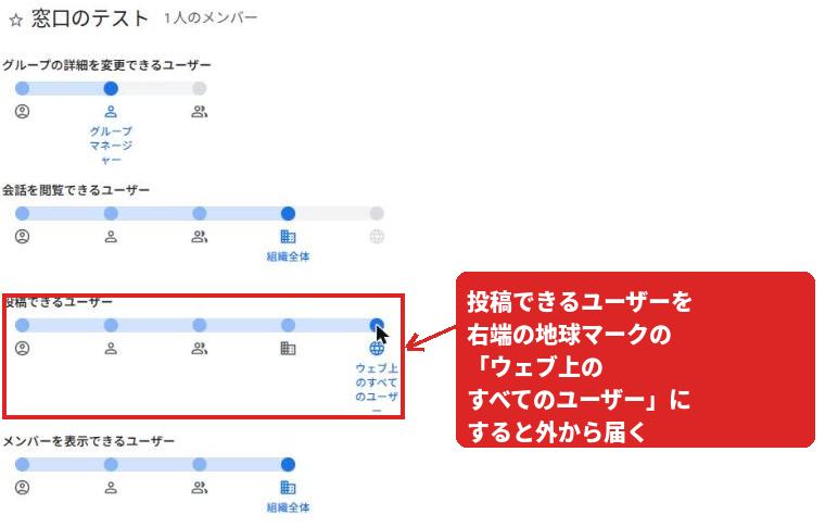 グループ設定の投稿できるユーザーのスライダー。右端の地球マークのウェブ上のすべてのユーザーが選ばれ、赤枠で囲まれている