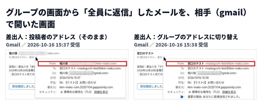 相手のGmailで開いた2通の差出人の詳細を左右に並べた画像。左は差出人が個人のアドレス、右は差出人がグループの名前とアドレスになっている