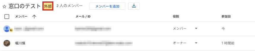 メンバーの一覧。外部の担当者がメンバー、自分がオーナーとして並び、グループ名の横の外部の印が赤枠で囲まれている