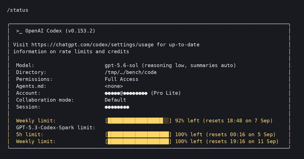 Codex CLIの/status画面。週の枠の残りが92%と表示されている