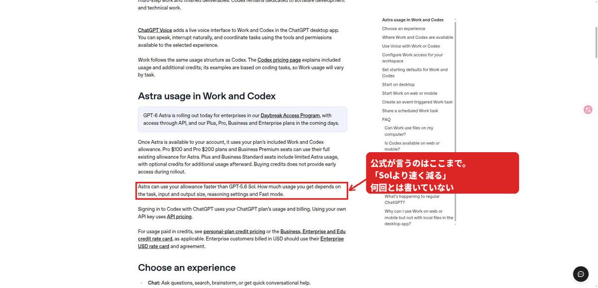 OpenAIヘルプの「AstraはSolより速く枠を使う」の段落に赤枠