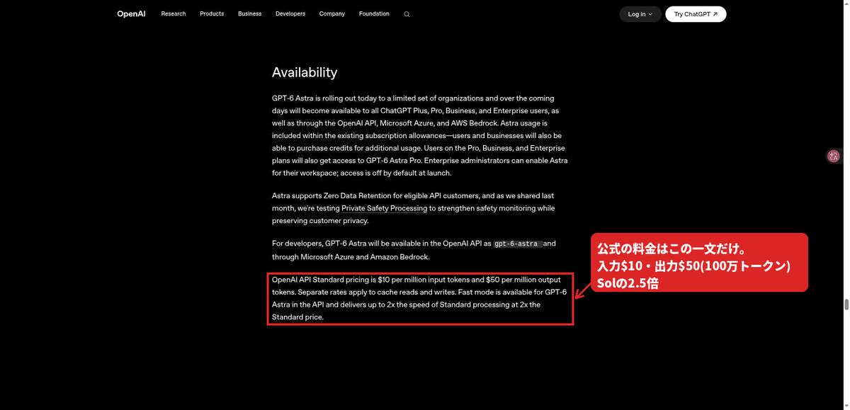 OpenAI公式のGPT-6 Astra発表ページのAvailability。API料金の一文に赤枠