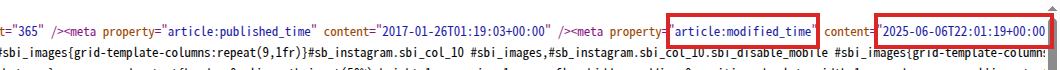 Wayback Machineが2026年8月16日に保存したトップページのHTMLソース。article:modified_timeの値2025-06-06T22:01:19+00:00を赤枠で示している