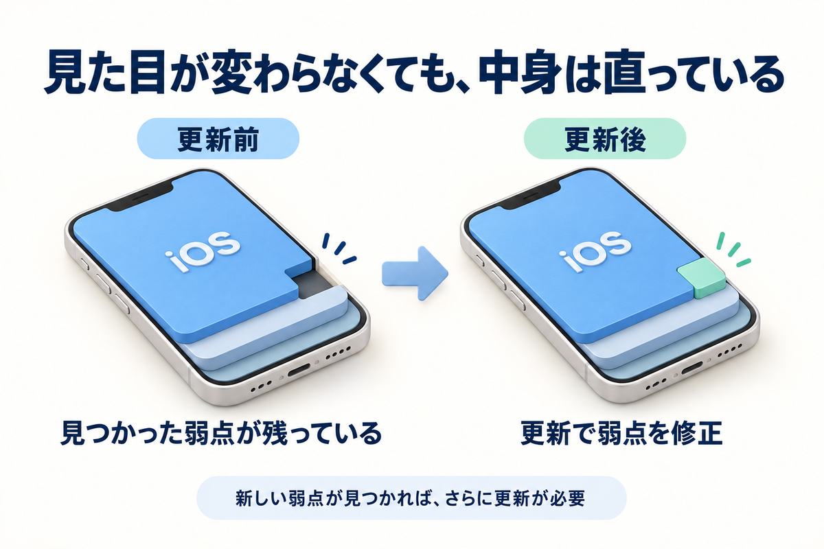 更新前には残っていたiOSの弱点を、更新で修正する概念図。新たな弱点にはその後の更新が必要です。
