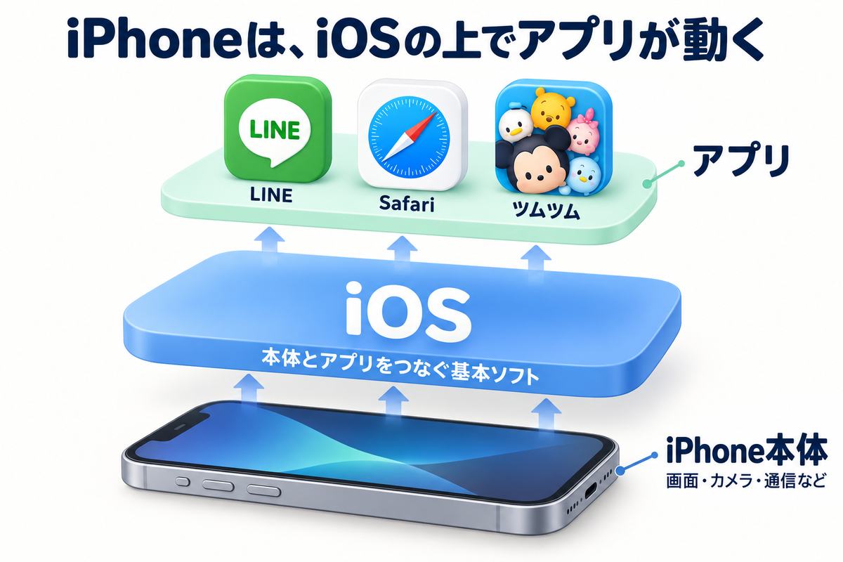 下からiPhone本体、基本ソフトのiOS、LINE・Safari・ツムツムなどのアプリを重ねた図。iOSが本体の機能を使ってアプリの動作を支える。