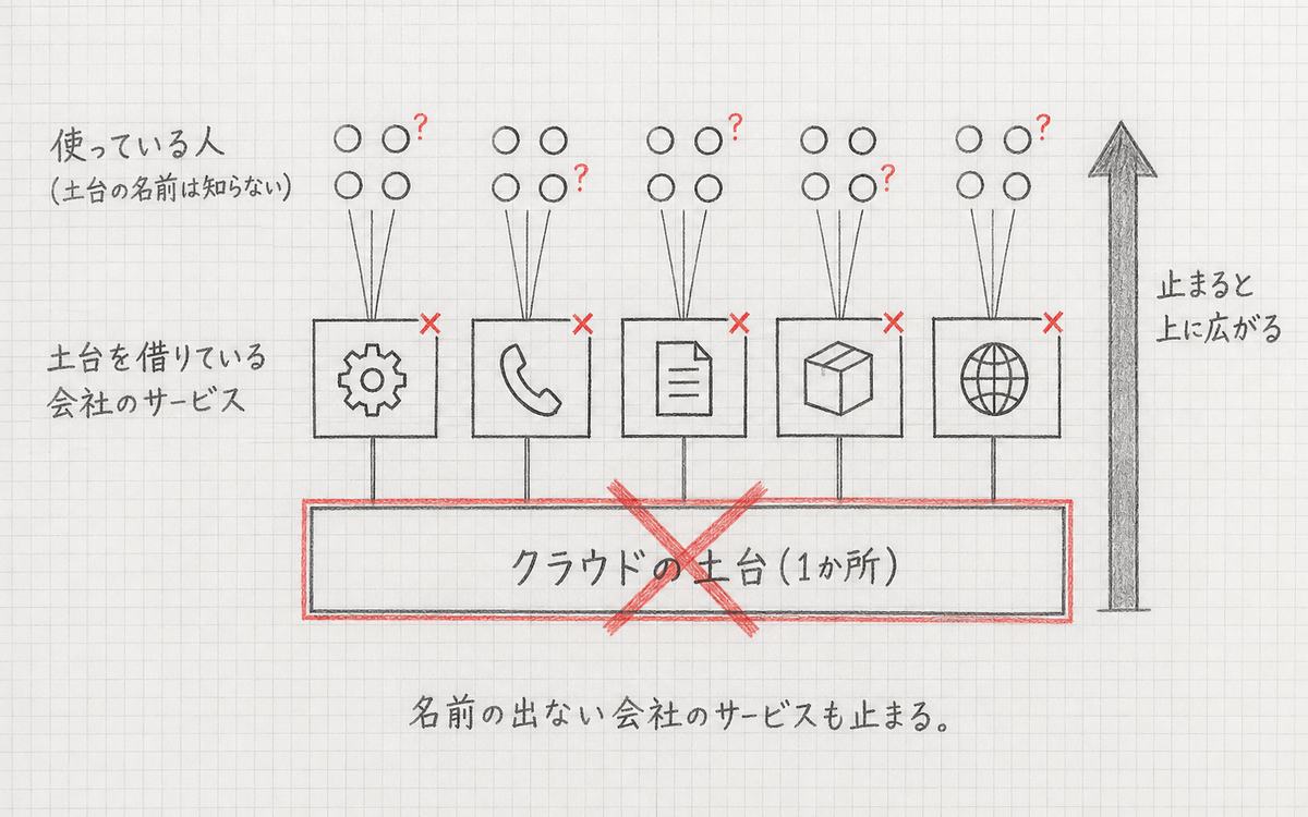 手描きの図。下に「クラウドの土台(1か所)」の箱があり赤い×印で止まっている。その上に乗った5つの会社のサービスにも×印が付き、さらに上の利用者の丸には「?」が付いている。右に「止まると上に広がる」の矢印