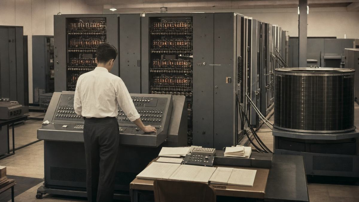 1960年代の計算機室。真空管の並ぶ大型コンピュータのコンソールを操作する技術者と、右手前で回転する磁気ドラム記憶装置。世界初の座席予約システム「マルス」黎明期を思わせる写真