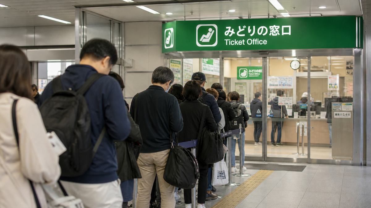 緑の看板の「みどりの窓口」ガラス張りの窓口オフィスの前に、乗客が長い行列を作って順番を待っている写真