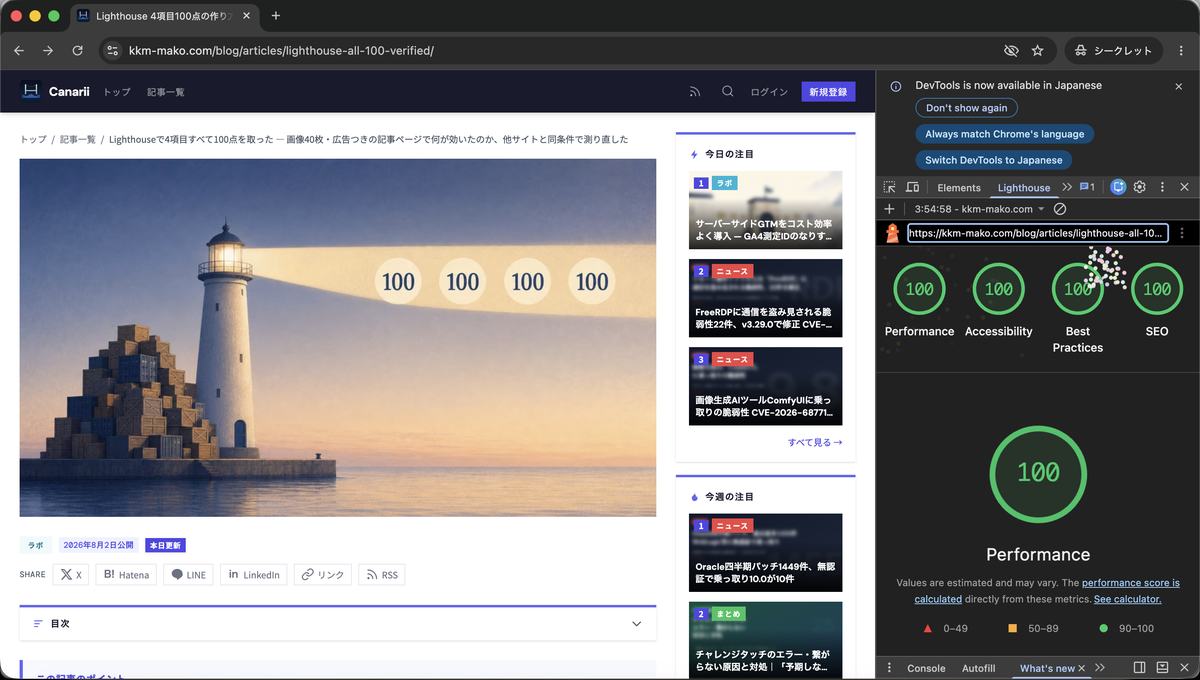この記事ページ自体を Chrome 開発者ツールの Lighthouse で測った結果。Performance・Accessibility・Best Practices・SEO の4項目すべてが100点
