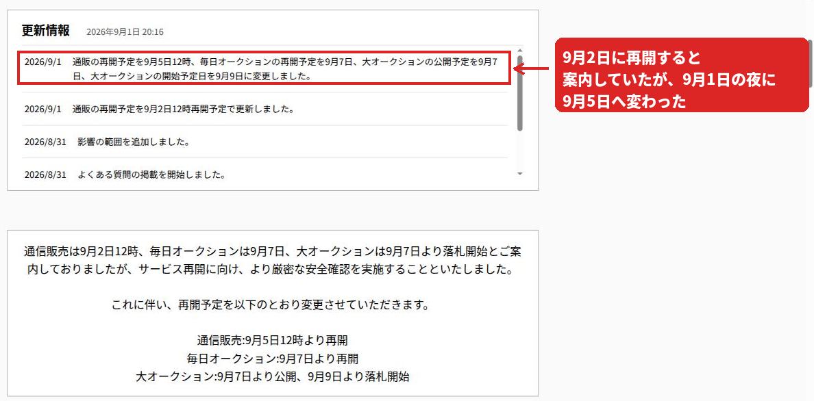 更新履歴。9月1日に通販の再開予定を9月2日12時から9月5日12時へ変更したことが記録されている
