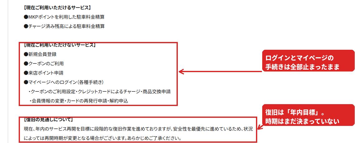 MKPポイントカード公式の8月27日の案内。新規会員登録、クーポン、来店ポイント申請、マイページへのログインが利用できないこと、復旧は年内目標であることが書かれている