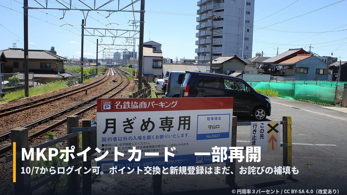 名鉄協商パーキングの看板の写真に「MKPポイントカード　一部再開」の字幕