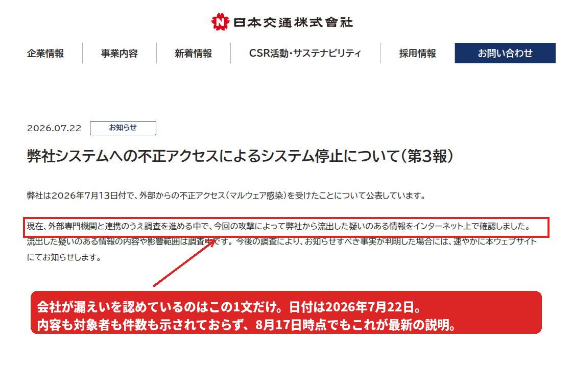 日本交通が2026年7月22日に公表した第3報のスクリーンショット。流出した疑いのある情報をインターネット上で確認したという一文を赤枠で囲んである