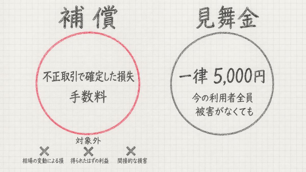 手描きの図。左の赤い丸が補償で、不正取引で確定した損失と手数料が対象。丸の外に対象外として相場の変動による損、得られたはずの利益、間接的な損害。右の丸が見舞金で、今の利用者全員に被害がなくても一律5,000円