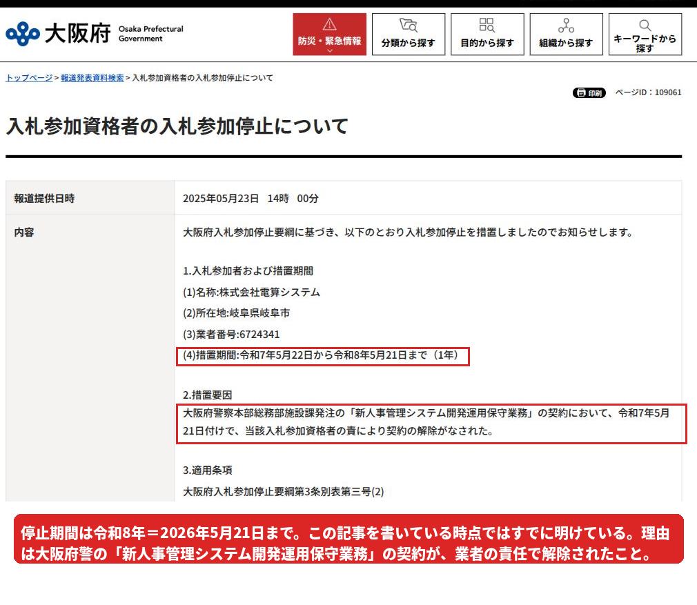 大阪府の報道発表ページ。措置期間「令和7年5月22日から令和8年5月21日まで(1年)」と措置要因の欄に赤枠
