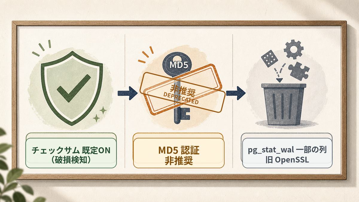 PostgreSQL 18のセキュリティ変更を一覧したイラスト。データチェックサムが既定オンに強化され、MD5パスワードが非推奨になり、pg_stat_walの一部の列や古いOpenSSLが削除されたことを、盾・非推奨スタンプ・ゴミ箱の3区画で示す