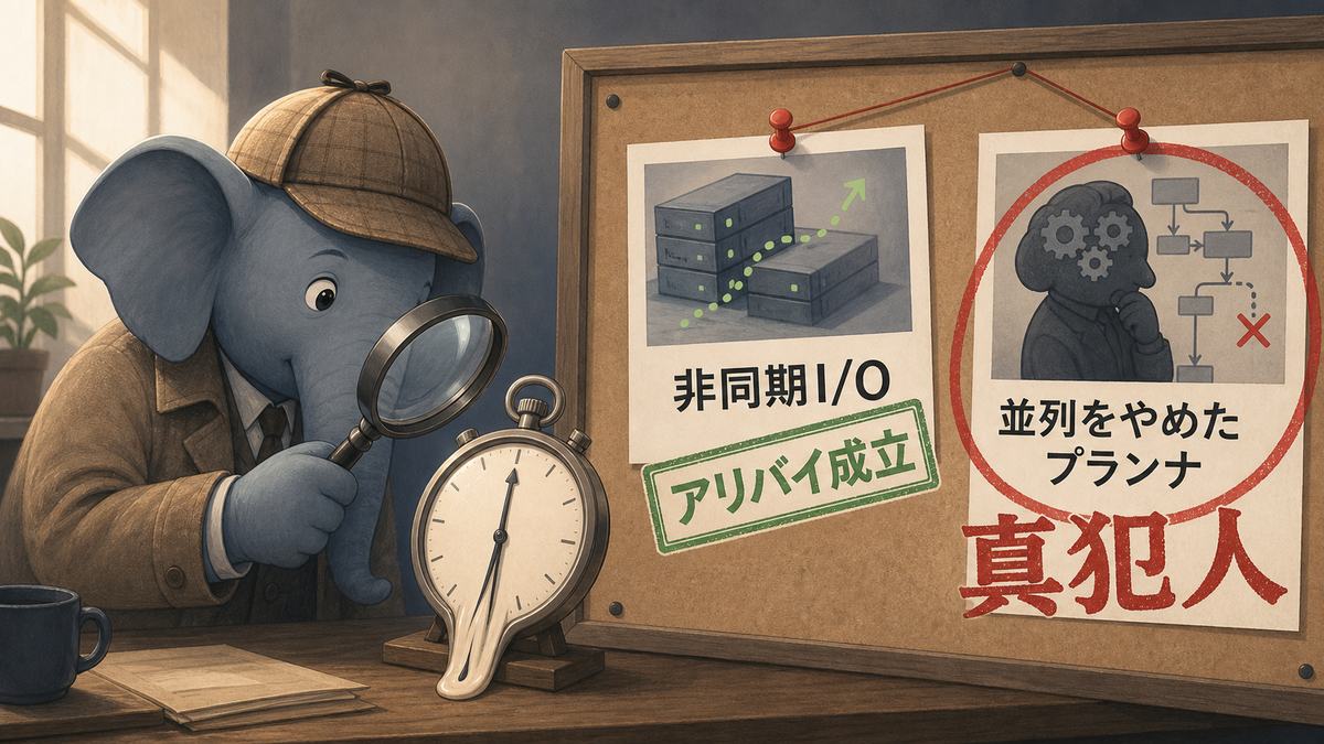 PostgreSQL 18で大きな集計が遅くなった犯人を探す探偵風のイラスト。容疑者ボードで非同期I/Oには「アリバイ成立（無実）」、並列をやめたプランナが赤丸で「真犯人」と示されている