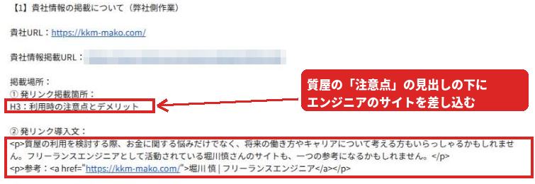 返信メールの前半。質屋のコラムの見出し「利用時の注意点とデメリット」の下に、フリーランスエンジニアのサイトを紹介するHTMLを入れる掲載案