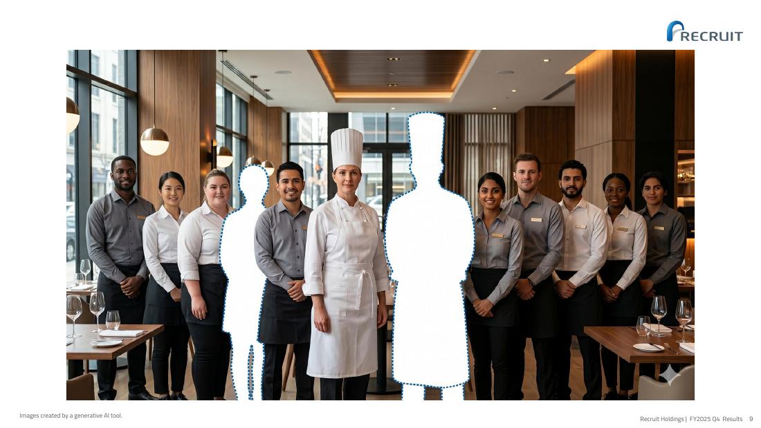 レストランのスタッフ集合写真から、ホールスタッフ1人とシェフ1人が白抜きになっている図