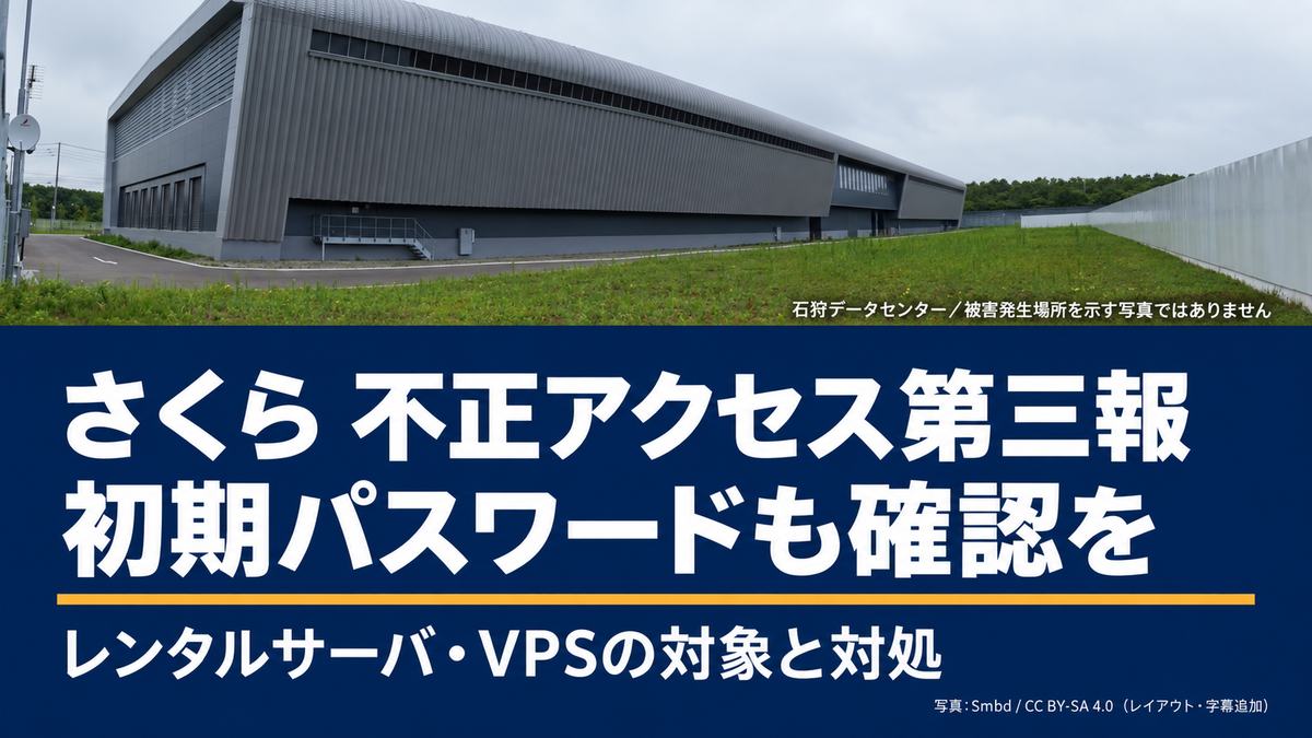 Smbd / CC BY-SA 4.0 https://commons.wikimedia.org/wiki/File:さくらインターネット_石狩データセンター.jpg レイアウト・字幕追加。加工後もCC BY-SA 4.0。