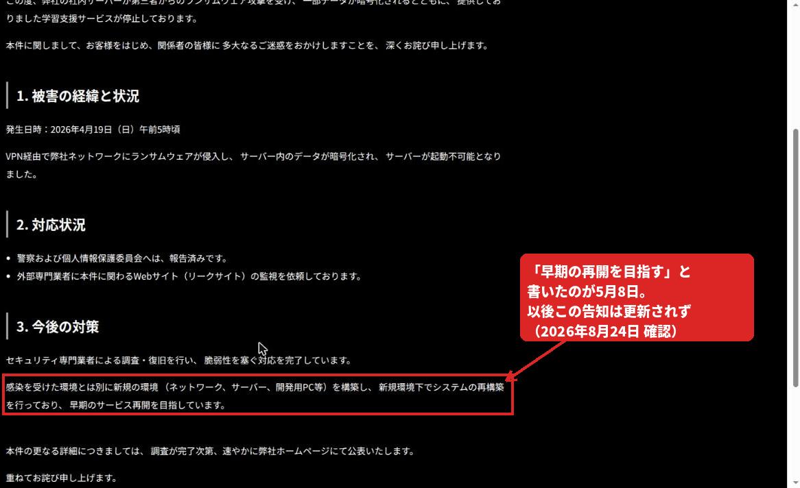 ノストラムのお詫び文。早期のサービス再開を目指すと書かれている