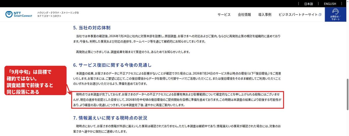 NTTスマートコネクトの2026年8月19日の発表。復旧環境の提供開始を9月中旬頃と目標に置いた段落を赤枠で示している