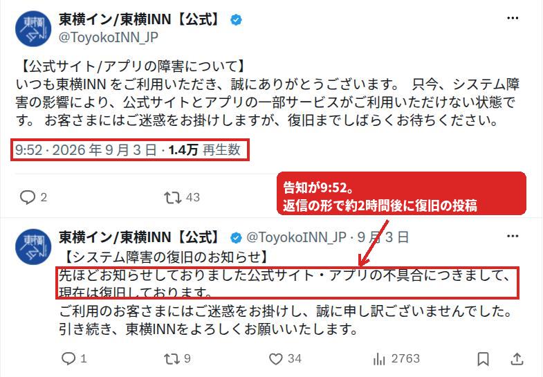東横INN公式Xの投稿。9月3日9:52に公式サイトとアプリの障害を告知し、返信の形で現在は復旧していると投稿している