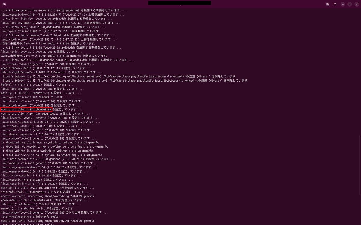 sudo apt upgrade を実行した端末画面。ubuntu-pro-client (37.2ubuntu0.1) への更新行を赤枠で強調