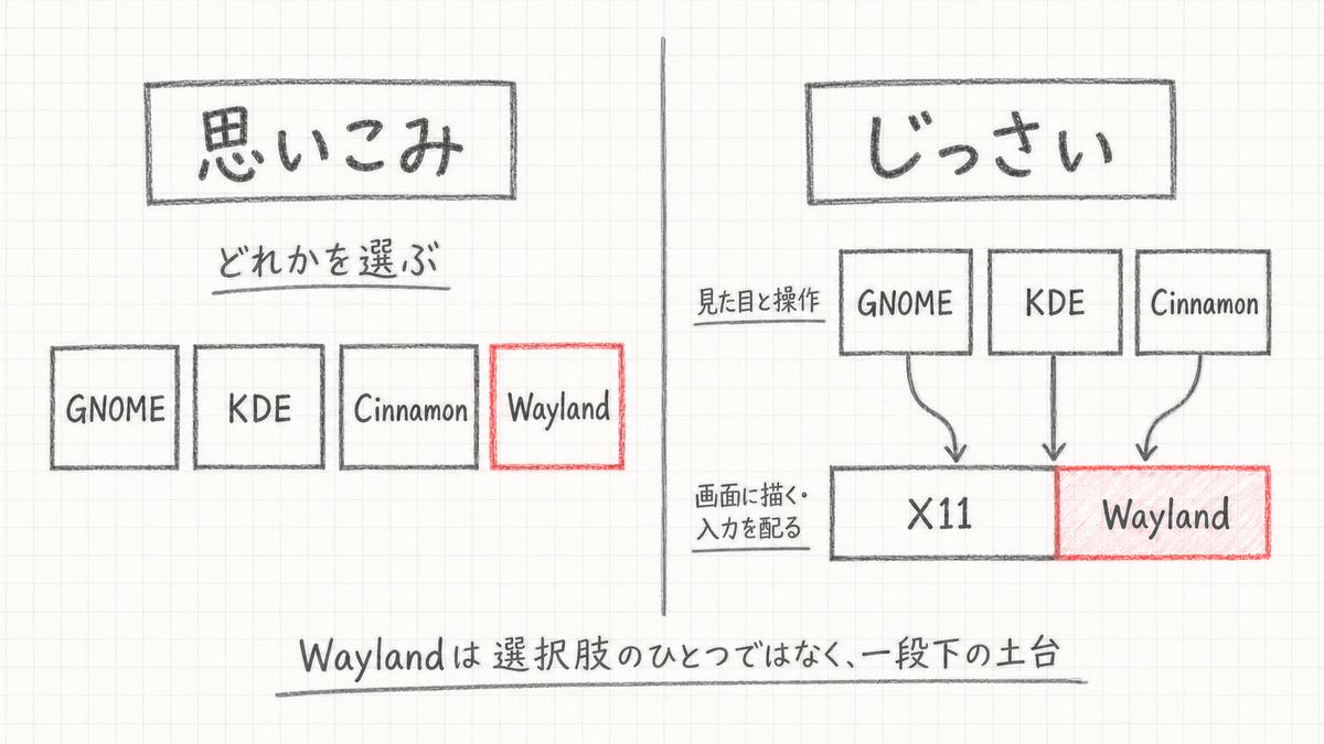 手描き風の図。左は GNOME・KDE・Cinnamon・Wayland が横一列に並ぶ思いこみ、右は GNOME・KDE・Cinnamon が上段、X11 と Wayland が下段に分かれた実際の階層構造