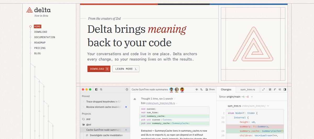Deltaの公式サイト。From the creators of Zed、Now in Betaとある