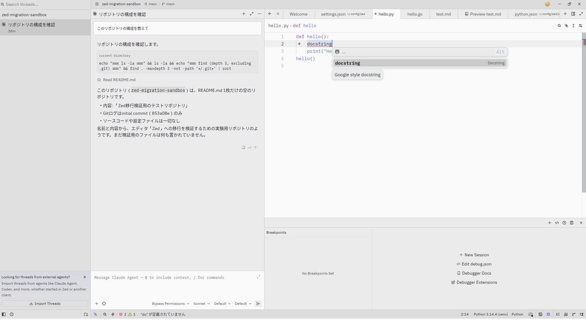 「docstring」入力でDocstring候補がポップアップした状態